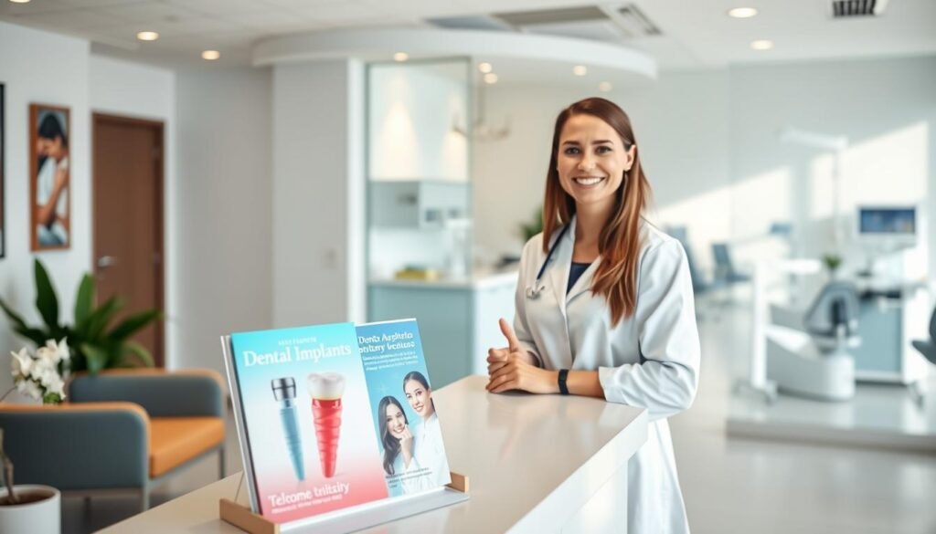 A bright and inviting dental office reception area, featuring a modern front desk with a friendly dental receptionist in professional attire, smiling and welcoming patients. In the foreground, a dental brochure stand with vibrant visuals of dental implants and aesthetic dentistry treatments. The middle ground shows a comfortable waiting area with stylish furniture and plants. The background is a clean, well-lit dental office with equipment visible through a glass partition, conveying a sense of expertise and professionalism. Soft, natural lighting enhances the warm atmosphere, creating a welcoming mood. Use a shallow depth of field to emphasize the receptionist while keeping the office context subtly blurred, capturing a harmonious, inviting setting for consultations. A bright and inviting dental office reception area, featuring a modern front desk with a friendly dental receptionist in professional attire, smiling and welcoming patients. In the foreground, a dental brochure stand with vibrant visuals of dental implants and aesthetic dentistry treatments. The middle ground shows a comfortable waiting area with stylish furniture and plants. The background is a clean, well-lit dental office with equipment visible through a glass partition, conveying a sense of expertise and professionalism. Soft, natural lighting enhances the warm atmosphere, creating a welcoming mood. Use a shallow depth of field to emphasize the receptionist while keeping the office context subtly blurred, capturing a harmonious, inviting setting for consultations.