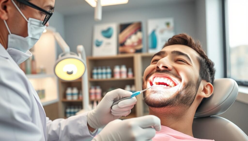A bright dental clinic setting emphasizing aesthetic dental care. In the foreground, a dental professional in a white coat examines a patient's mouth, highlighting his brilliantly white teeth after a laser whitening treatment. The patient, smiling and looking satisfied, is seated in a modern dental chair. In the middle, a dental light and various dental tools are depicted, symbolizing advanced technology and care. The background shows shelves with dental hygiene products and posters on oral health. Soft, warm lighting enhances the inviting atmosphere, creating a sense of comfort and professionalism. The image should capture the essence of dental aesthetics and health care, evoking trust and satisfaction.
