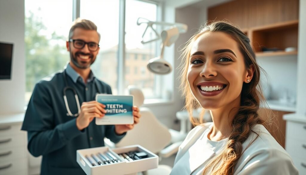 A bright dental clinic with modern equipment in the foreground, showcasing a cheerful dentist and a smiling patient, both wearing professional attire. The dentist holds a teeth-whitening kit, demonstrating the process. The patient's teeth are visibly whiter, reflecting the benefits of dental whitening. In the middle, a sleek dental chair and a well-organized tool tray filled with dental supplies can be seen. The background features large windows with natural light pouring in, enhancing the welcoming atmosphere of the clinic. Soft, warm lighting creates a friendly and encouraging mood, emphasizing the positive aspects of dental whitening. The scene conveys a sense of professionalism and care in dental health.