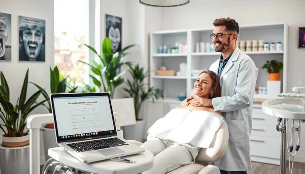 A modern dental clinic interior, featuring a professional dental hygienist and a patient engaged in consultation. In the foreground, a well-lit examination chair is flanked by dental tools and a laptop displaying personalized dental assessment software. The middle ground showcases a bright, clean environment with dental posters on the walls and potted plants for a fresh touch; a window lets in natural sunlight, enhancing the inviting atmosphere. In the background, shelves stocked with dental products can be seen. The dental hygienist, dressed in a crisp white coat, stands beside the patient, who looks relaxed and attentive. The overall mood is friendly and professional, highlighting personalized dental evaluation and care, captured from a slightly elevated angle to create depth. A modern dental clinic interior, featuring a professional dental hygienist and a patient engaged in consultation. In the foreground, a well-lit examination chair is flanked by dental tools and a laptop displaying personalized dental assessment software. The middle ground showcases a bright, clean environment with dental posters on the walls and potted plants for a fresh touch; a window lets in natural sunlight, enhancing the inviting atmosphere. In the background, shelves stocked with dental products can be seen. The dental hygienist, dressed in a crisp white coat, stands beside the patient, who looks relaxed and attentive. The overall mood is friendly and professional, highlighting personalized dental evaluation and care, captured from a slightly elevated angle to create depth.
