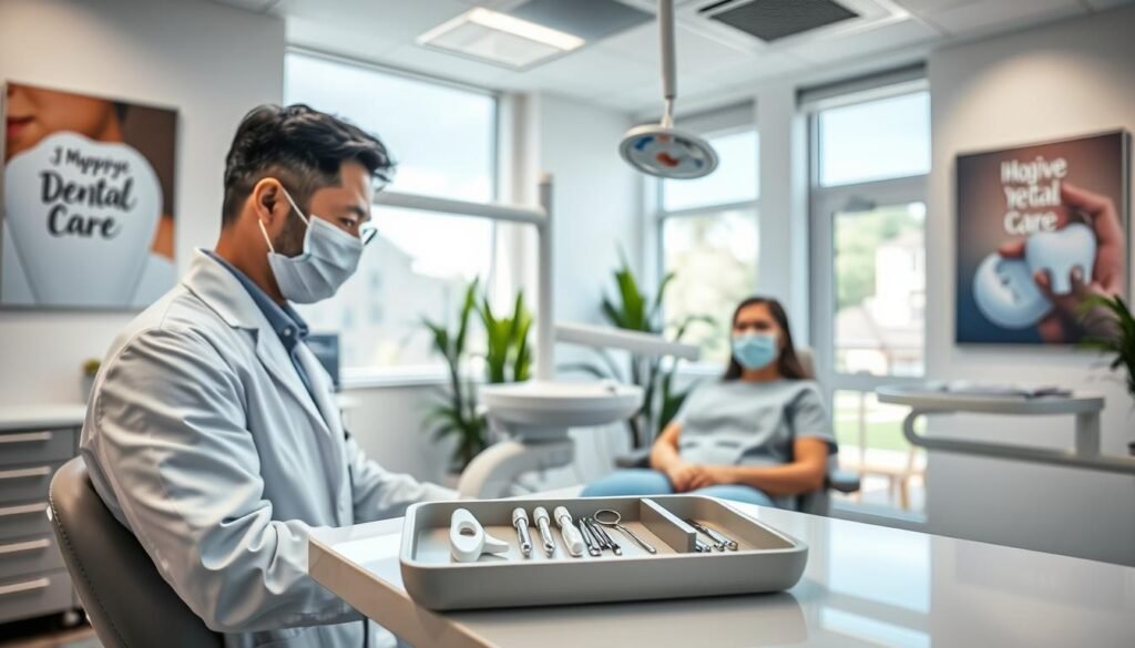A modern dental clinic interior, showcasing a bright and welcoming environment. In the foreground, a friendly dentist in a white coat and face mask examines a patient in a dental chair, highlighting the professional atmosphere. The middle ground features state-of-the-art dental equipment and bright, hygienic tools arranged on a tray. The background displays motivational dental care posters and plants for a calming effect. Soft, natural lighting filters through large windows, creating an inviting ambiance. The mood is professional yet friendly, emphasizing the comprehensive dental services offered. The composition is well-balanced, with a focus on the interaction between the dentist and the patient, conveying trust and care in dental health.