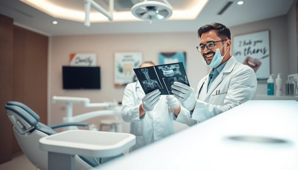 A modern dental clinic interior, showcasing a well-organized dental workstation in the foreground, featuring dental diagnostic tools, a comfortable dental chair, and a sleek, bright counter displaying dental care products. In the middle ground, a friendly dentist in a white coat, wearing gloves and a mask, attentively examines dental X-rays with a warm smile, embodying professionalism. The background features soothing pastel-colored walls and inspirational dental care posters, creating an inviting atmosphere. Soft, diffused lighting illuminates the scene, with a slight focus from a low angle, enhancing the dentist's friendly demeanor. The overall mood is calm and reassuring, emphasizing high-quality dental care and patient comfort.