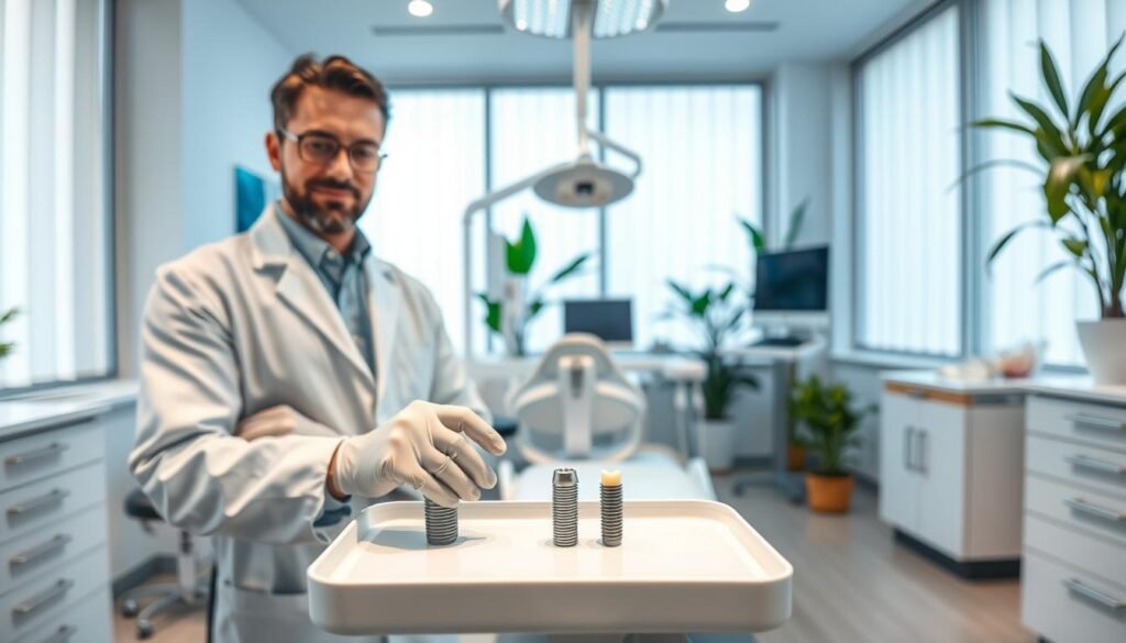 A modern dental clinic interior showcasing professionalism and quality dental services. In the foreground, a confident dentist in a white coat and gloves examines a dental implant on a clean tray, with focused expressions. The middle ground highlights a well-organized dental chair with advanced equipment and bright, sterile tools, emphasizing a state-of-the-art environment. In the background, large windows allow soft natural light to flood the space, creating a calming atmosphere with green plants enhancing the warmth. The color palette is soothing, combining whites, blues, and greens. The overall mood is inviting and reassuring, showcasing a commitment to exceptional dental care. The image is taken from an eye-level angle, emphasizing the professionalism and care offered in the clinic. A modern dental clinic interior showcasing professionalism and quality dental services. In the foreground, a confident dentist in a white coat and gloves examines a dental implant on a clean tray, with focused expressions. The middle ground highlights a well-organized dental chair with advanced equipment and bright, sterile tools, emphasizing a state-of-the-art environment. In the background, large windows allow soft natural light to flood the space, creating a calming atmosphere with green plants enhancing the warmth. The color palette is soothing, combining whites, blues, and greens. The overall mood is inviting and reassuring, showcasing a commitment to exceptional dental care. The image is taken from an eye-level angle, emphasizing the professionalism and care offered in the clinic.
