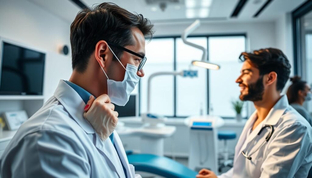 A modern dental clinic scene showcasing "integral dental services." In the foreground, a professional dentist in a white coat with a stethoscope, gently examining a patient's teeth in a bright, welcoming office. The middle layer features advanced dental equipment, including a whitening machine and dental tools neatly arranged. The background displays soft, ambient lighting and calming blue and white decor, creating a serene atmosphere. Natural light streams through large windows, highlighting the cleanliness and organization of the space. The overall mood is reassuring and professional, inviting patients to feel at ease in their dental care experience. No text or watermarks present. A modern dental clinic scene showcasing "integral dental services." In the foreground, a professional dentist in a white coat with a stethoscope, gently examining a patient's teeth in a bright, welcoming office. The middle layer features advanced dental equipment, including a whitening machine and dental tools neatly arranged. The background displays soft, ambient lighting and calming blue and white decor, creating a serene atmosphere. Natural light streams through large windows, highlighting the cleanliness and organization of the space. The overall mood is reassuring and professional, inviting patients to feel at ease in their dental care experience. No text or watermarks present.