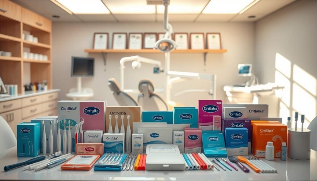 A professional dental office setting showcasing a well-organized table filled with various high-quality dental product brands such as orthodontic tools, whitening kits, and dental hygiene essentials. In the foreground, focus on an assortment of colorful and neatly arranged dental equipment and packaging, highlighting their logos clearly. The middle ground features a clean, bright dental clinic with a modern design, including dental chairs and surgical lights illuminated by soft, natural lighting. In the background, a shelf lined with dental certifications and a large window casting warm sunlight, creating an inviting atmosphere. The overall mood is professional and reassuring, emphasizing the quality and trustworthiness of the dental products showcased.
