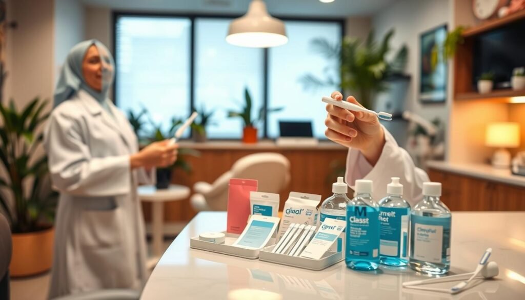 A professional dental setting focused on strategies to extend the effects of teeth whitening. In the foreground, a dental hygienist in a crisp, white lab coat demonstrates oral care techniques with a toothbrush and whitening toothpaste, conveying cleanliness and clinical precision. The middle ground features a beautifully arranged display of dental products, including floss, mouthwash, and whitening strips, artistically presented on a polished countertop. In the background, a softly lit dental office adorned with greenery and warm colors creates a welcoming atmosphere. The lighting is bright yet gentle, highlighting the professionalism of the space. The overall mood is encouraging and informative, emphasizing the importance of ongoing care in dental aesthetics.