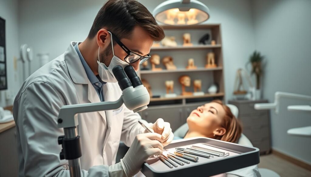 A professional dentist in a modern, well-lit dental office is performing endodontic treatment. The foreground features the dentist, dressed in a white coat and safety glasses, focused intently on a dental microscope. In the middle ground, a dental chair with a patient reclined comfortably, demonstrating a calm and relaxed demeanor. Tools like a dental drill and files are neatly arranged on a tray, highlighting the precision of the procedure. In the background, shelves filled with dental instruments and anatomy models create a clinical atmosphere. The lighting is bright and inviting, casting soft shadows that enhance the sense of professionalism and care. The overall mood is one of trust and expertise, emphasizing the specialized nature of endodontics in preserving dental health.