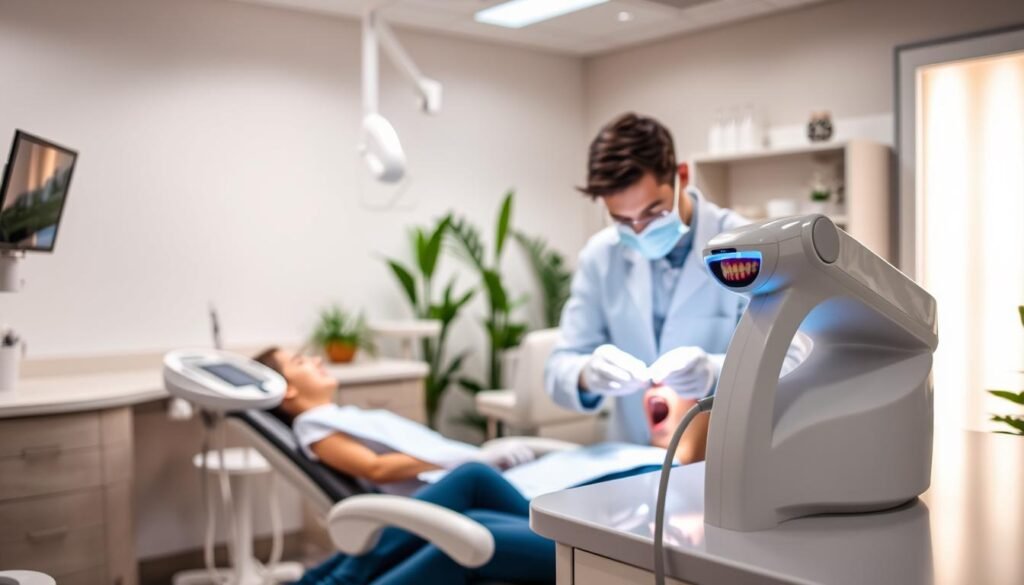 A well-organized dental clinic interior, showcasing a harmonious integration of general dentistry, endodontics, and laser teeth whitening services. In the foreground, a dentist in professional attire is gently examining a patient's teeth in a modern dental chair. The middle section features various dental tools and equipment, highlighting cutting-edge technology, such as a laser device for teeth whitening, neatly arranged on a countertop. In the background, soft lighting casts a warm glow, creating a welcoming atmosphere, with gentle green hues from plants, suggesting a focus on patient comfort and care. The environment is clean and orderly, emphasizing professionalism and tranquility, encouraging a positive dental experience.